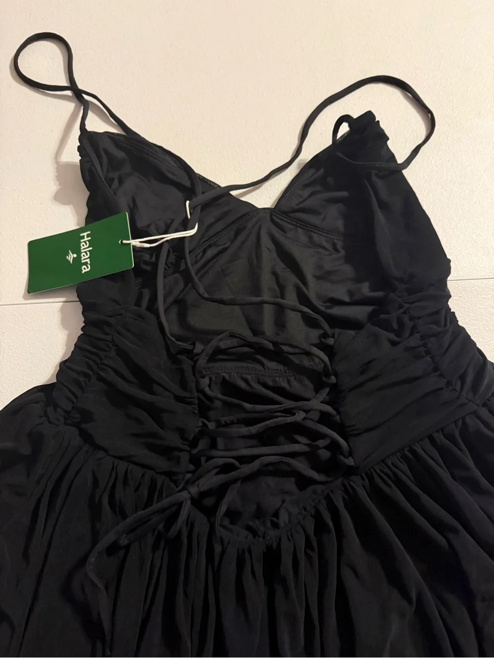 NEW Halara Women's Lace Up Mesh Layered Mini Party Dress Black Large ruched